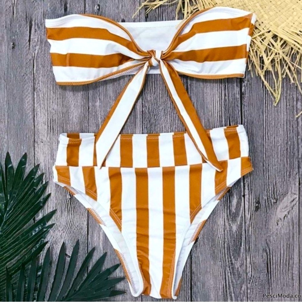 🔥🔥NWOT Rust/White Bandeau + Hi Waist Bottom Bikini Stripes | M🔥🔥